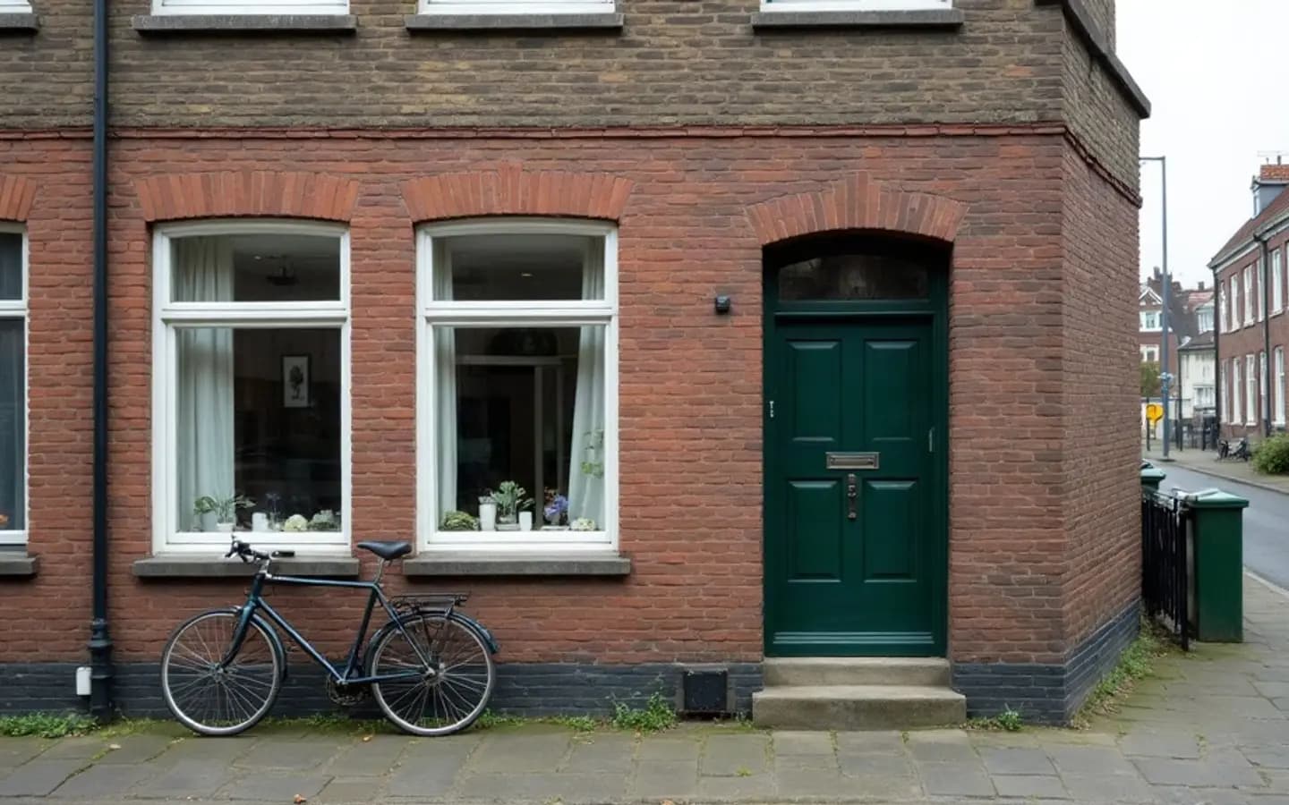 Bakstenen hoekpand met een groene voordeur en een fiets tegen de gevel